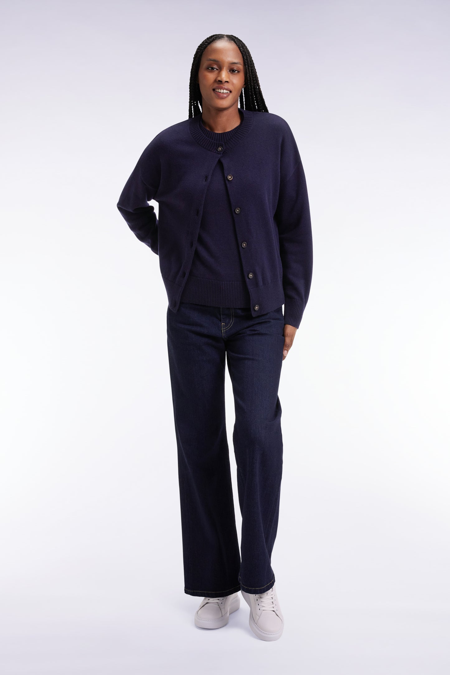 Cardigan en laine et coton marine coupe Relaxed