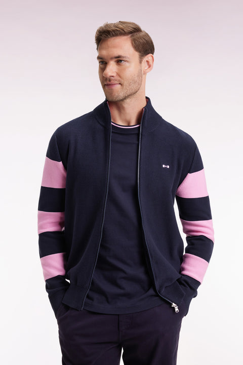 Cardigan zippé en coton marine à rayures de manches roses coupe droite - Image 1