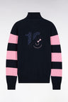 Cardigan zippé en coton marine à rayures de manches roses coupe droite