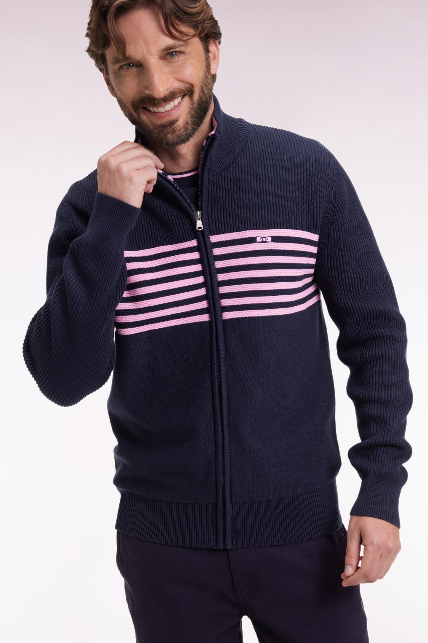 Zipped cardigan in navy cotton with pink stripes, straight cut