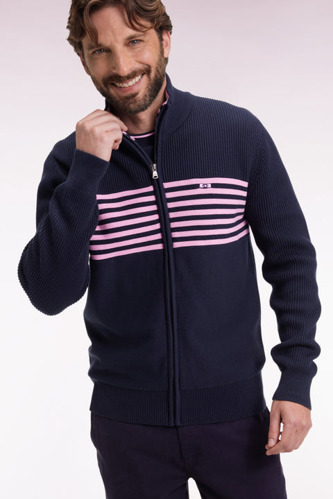 Cardigan zippé en coton marine à rayures roses coupe droite - Image 3