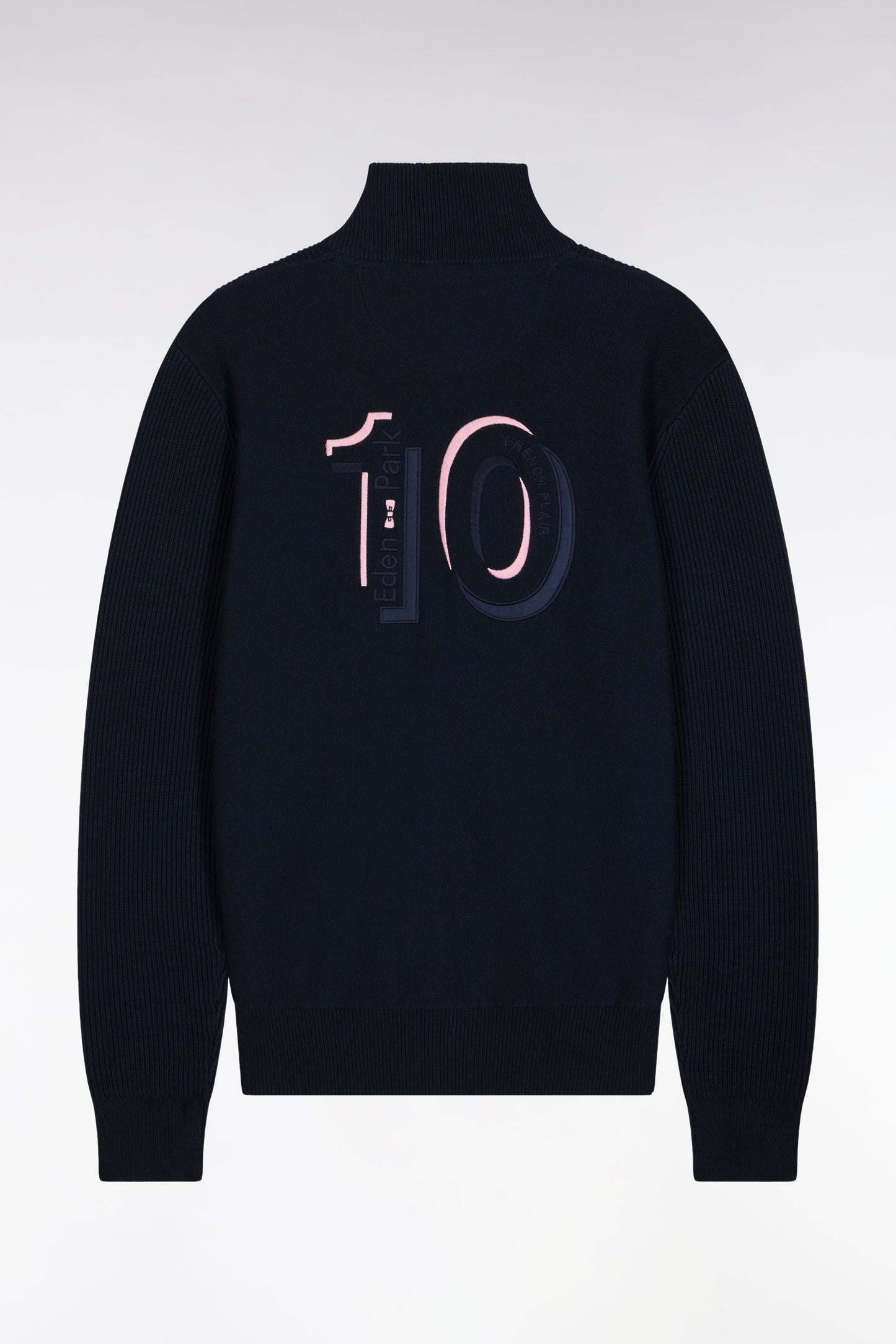 Zipped cardigan in navy cotton with pink stripes, straight cut