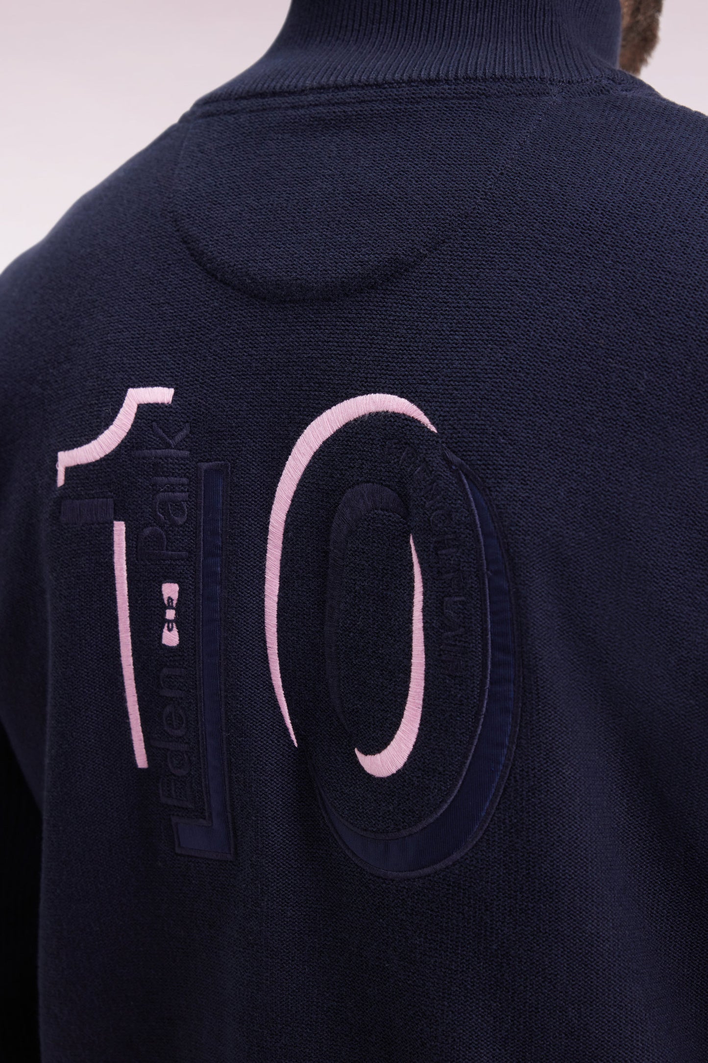 Zipped cardigan in navy cotton with pink stripes, straight cut