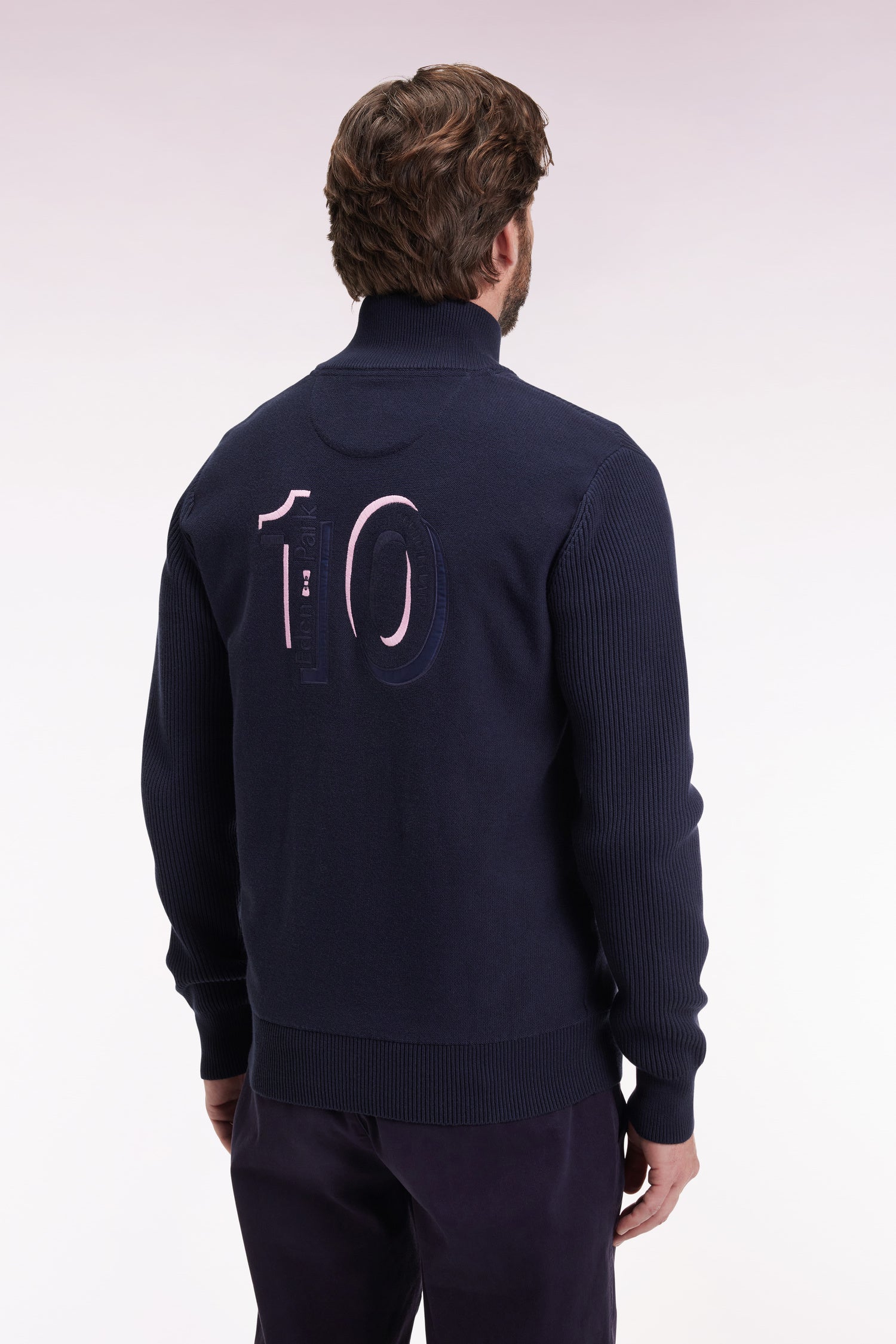 Zipped cardigan in navy cotton with pink stripes, straight cut