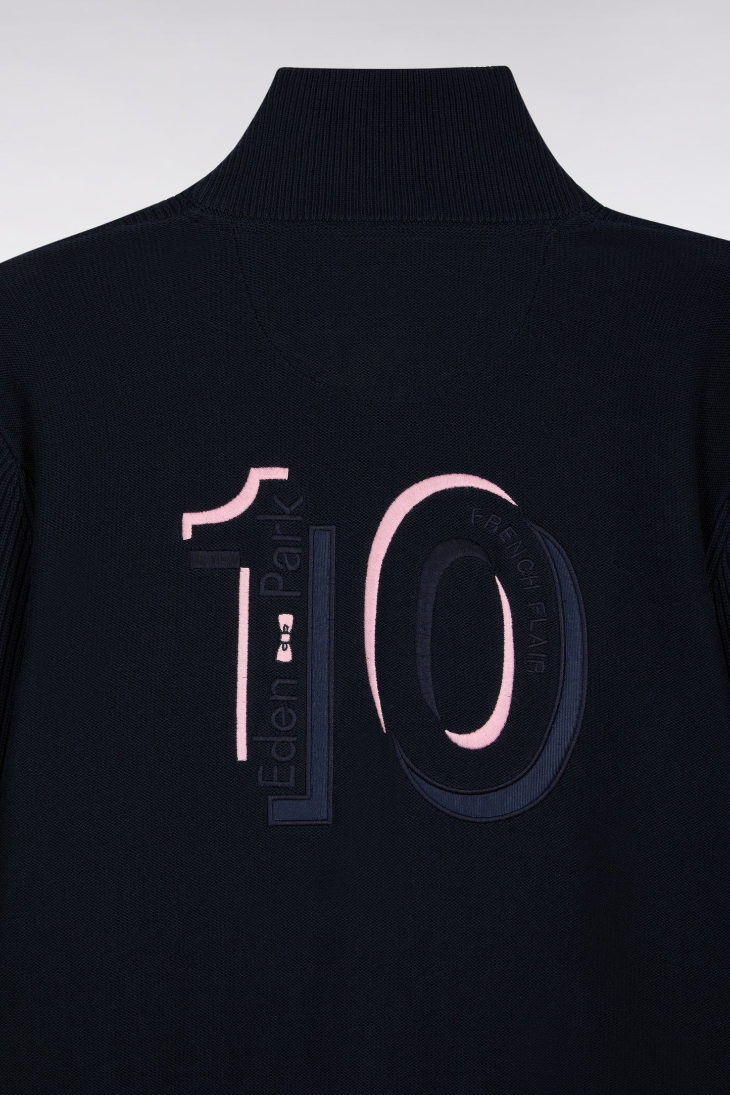 Zipped cardigan in navy cotton with pink stripes, straight cut