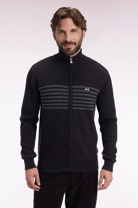Cardigan zippé en coton noir à rayures grises coupe droite - Image 1