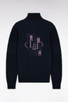 Cardigan zippé en coton marine broderie dos rose