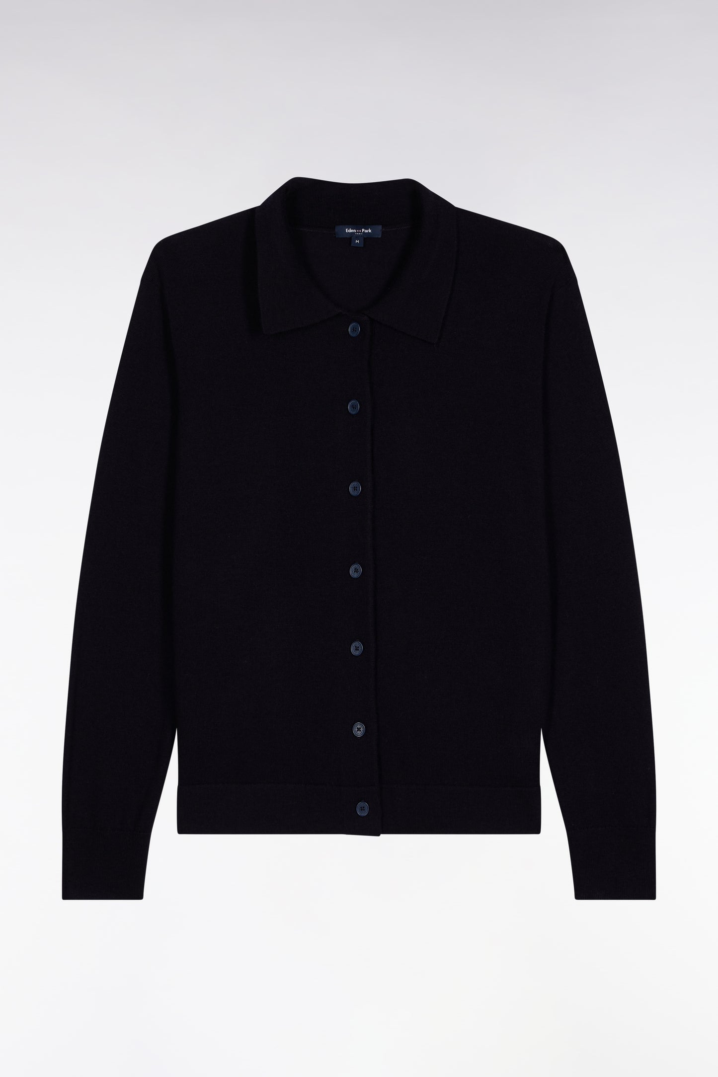Cardigan à col classique en laine mérinos marine coupe droite