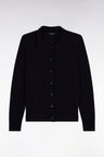 Cardigan à col classique en laine mérinos marine coupe droite