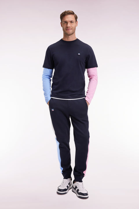Jogging en molleton gratté marine colorblock coupe droite - Image 1