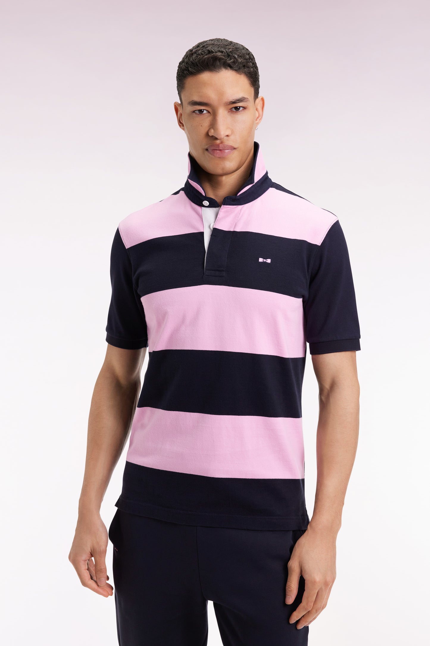 Maillot à manches courtes en coton rayé rose et marine