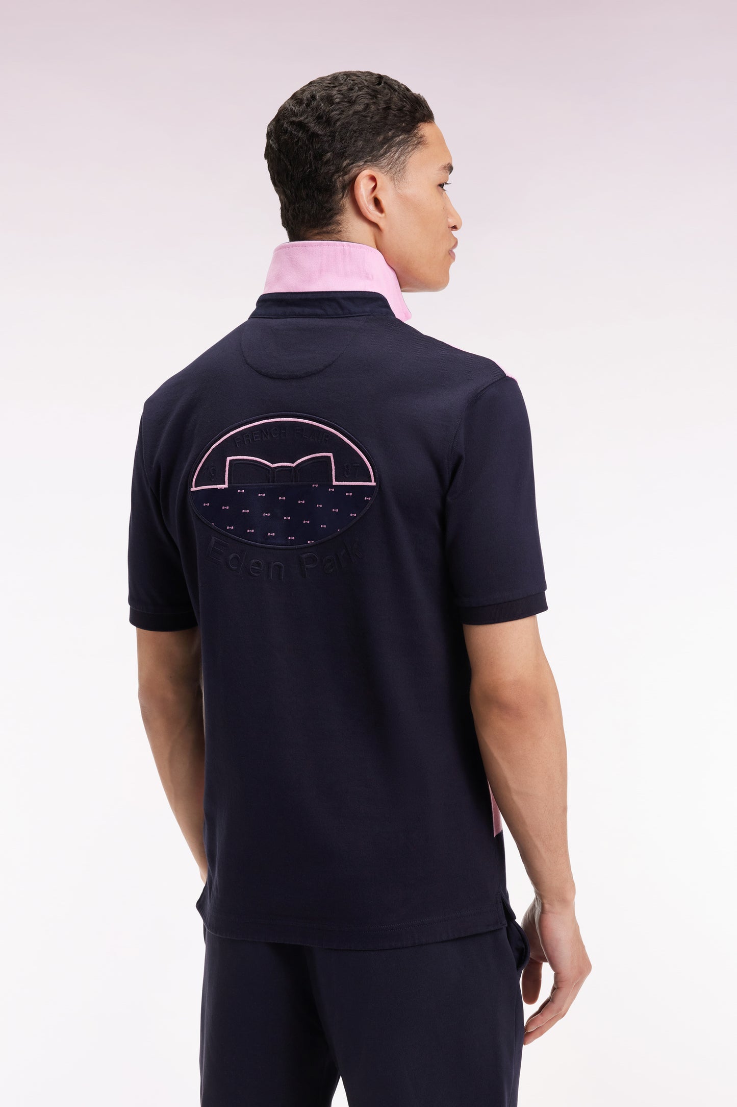 Maillot à manches courtes en coton rayé rose et marine