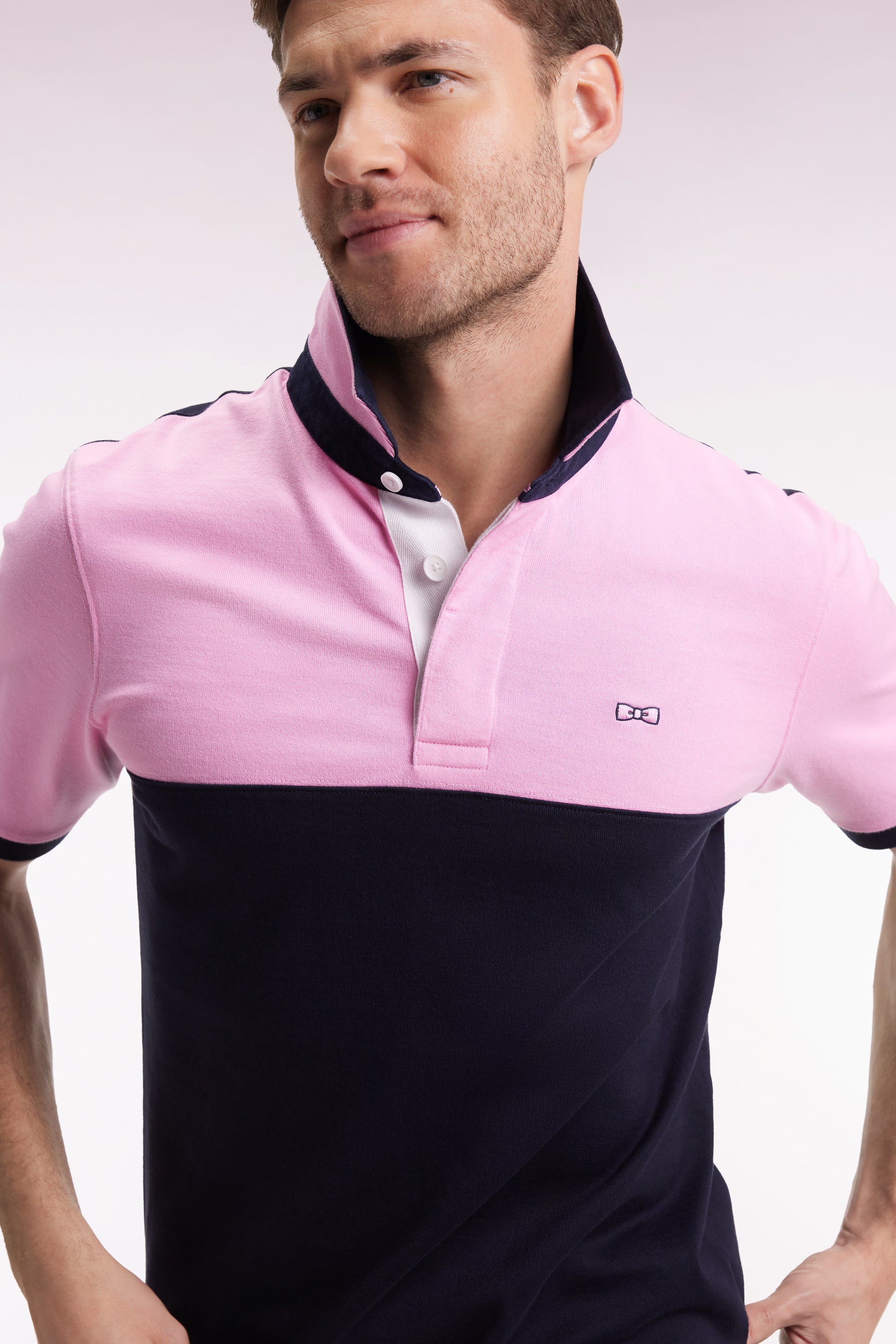 Short-sleeved jersey in two-tone navy and pink cotton XS