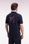 Short-sleeved jersey in navy cotton with pink stripes