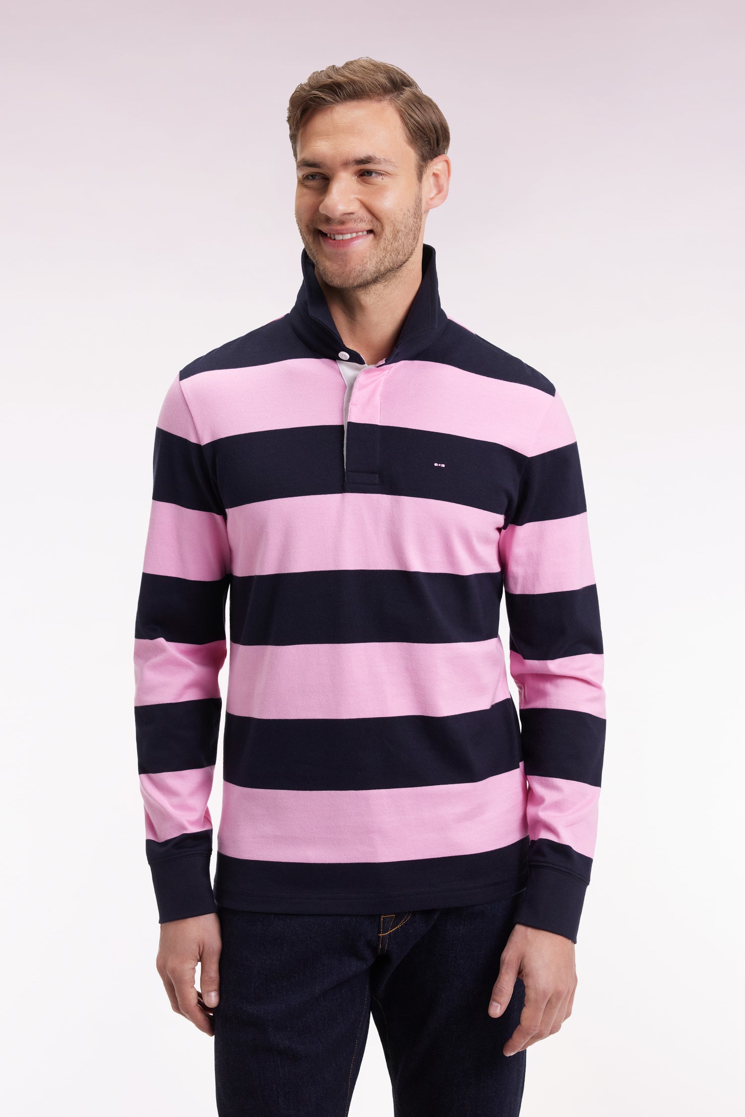 Long-sleeved jersey with pink and navy rugby stripes