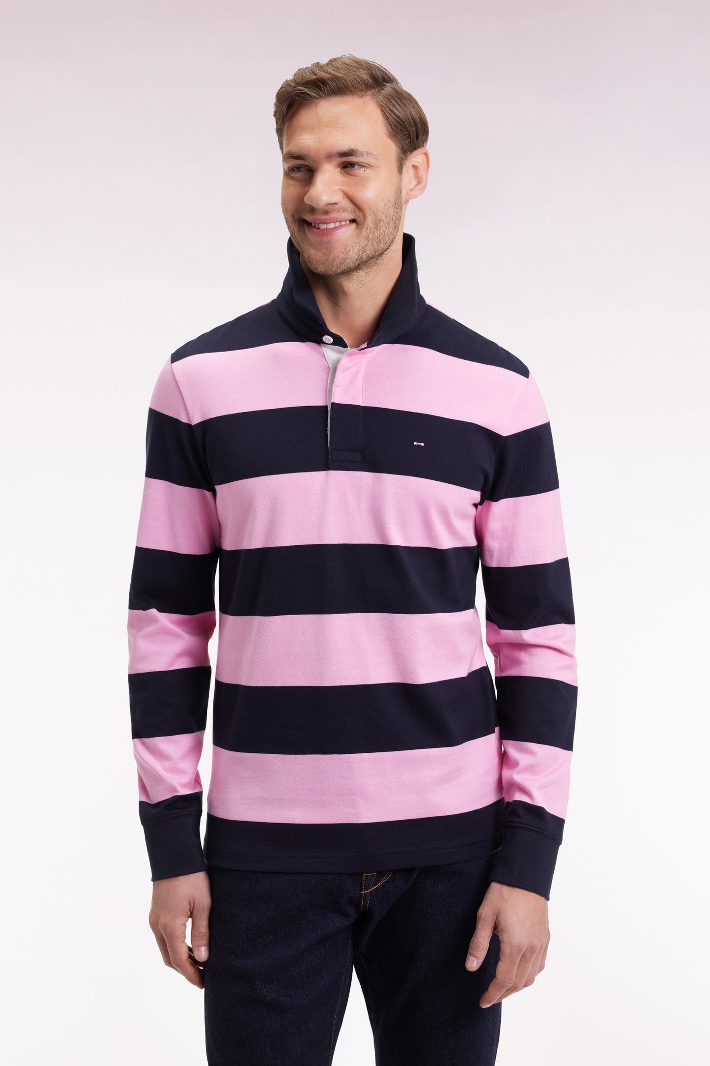 Maillot manches longues en jersey à rayures rugby rose et marine