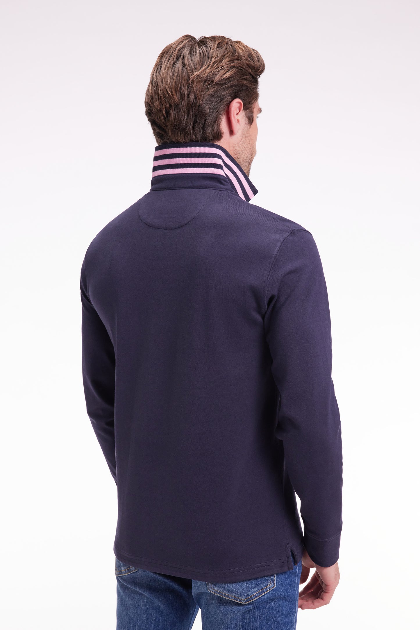 Maillot manches longues en jersey marine dessous de col rayé