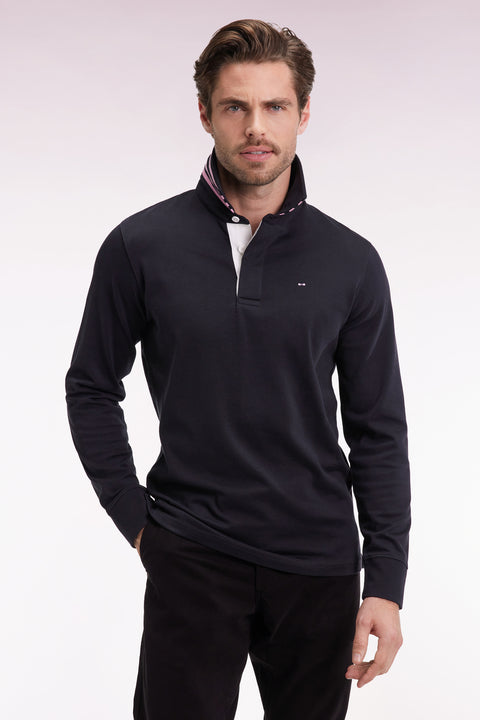 Maillot manches longues en jersey noir dessous de col rayé - Image 1