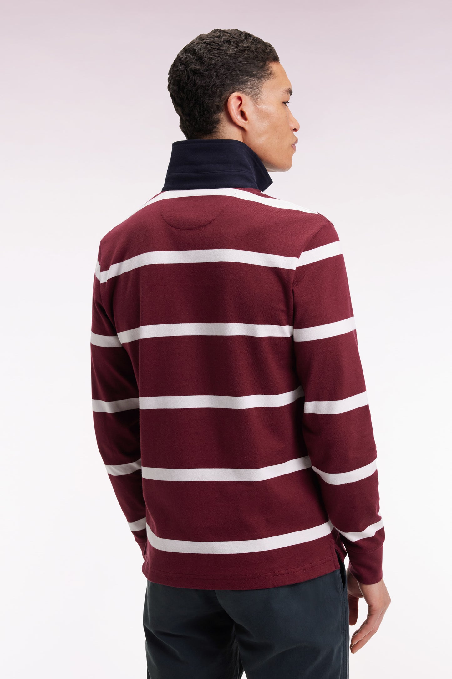 Maillot manches longues en jersey de coton bordeaux à rayures blanches
