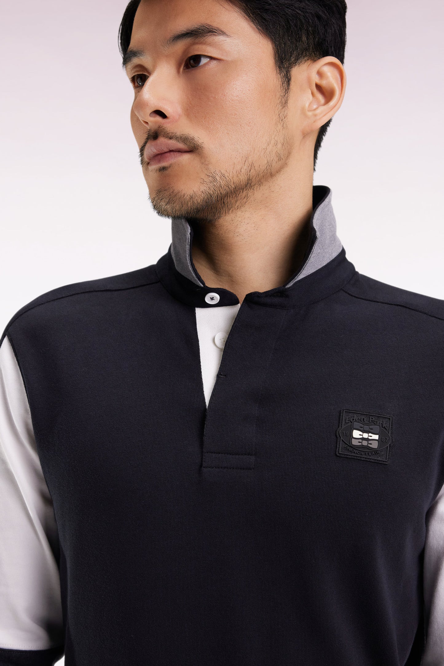 Maillot à manches longues en jersey coton épais noir brodé coupe droite