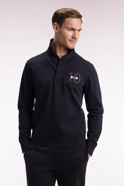 Maillot à manches longues en jersey de coton épais noir brodé coupe droite - Image 1