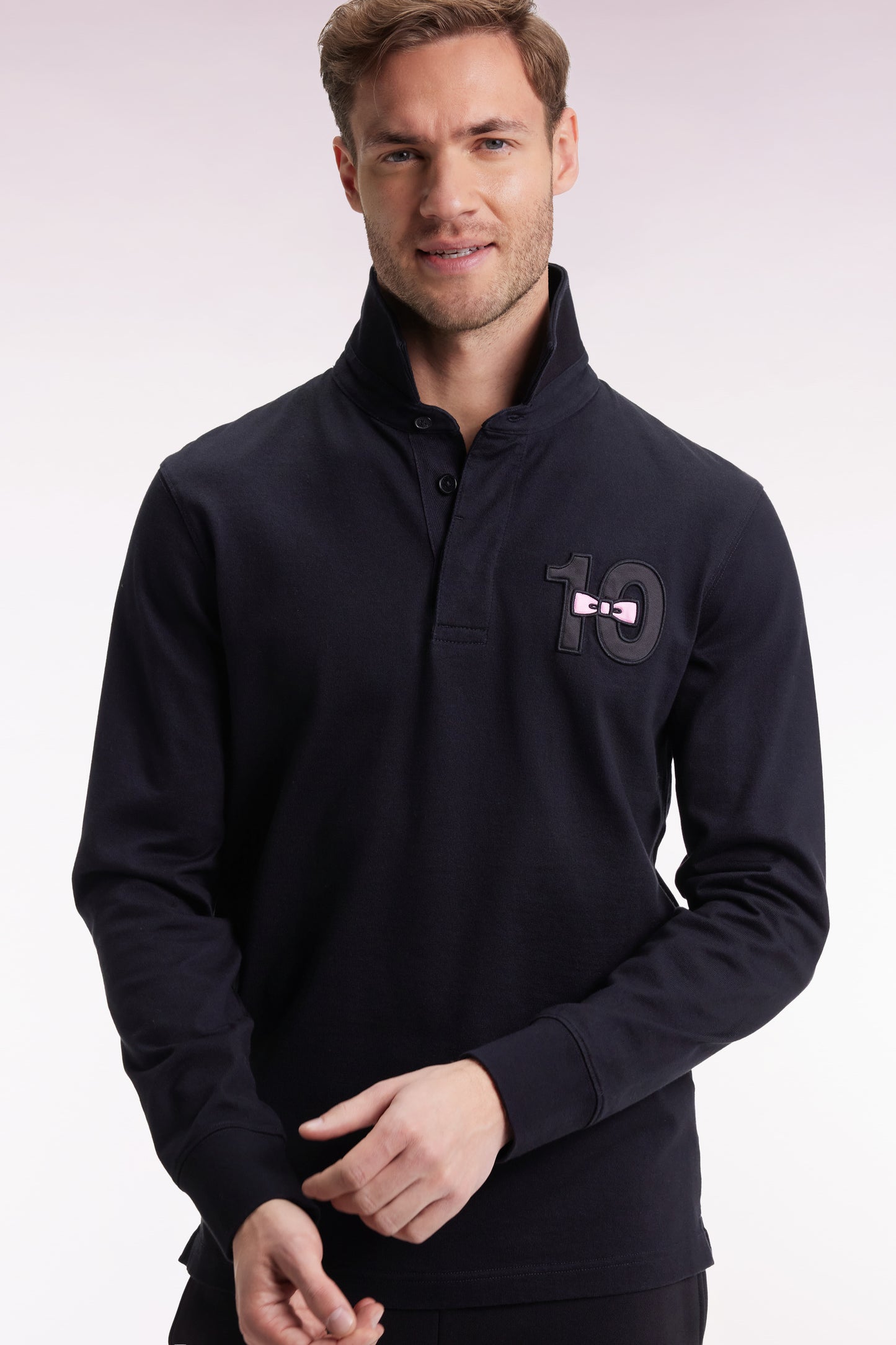 Maillot à manches longues en jersey de coton épais noir brodé coupe droite
