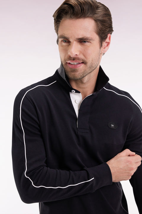 Maillot à manches longues en jersey de coton épais noir passepoils coupe droite - Image 1