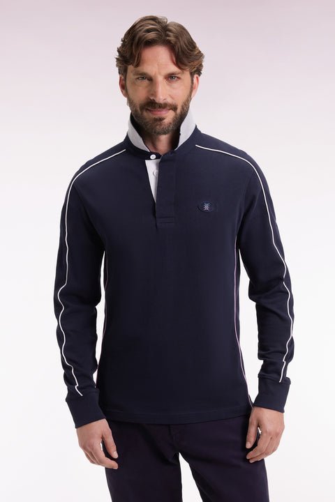 Maillot à manches longues en jersey de coton épais marine passepoils coupe droite - Image 3