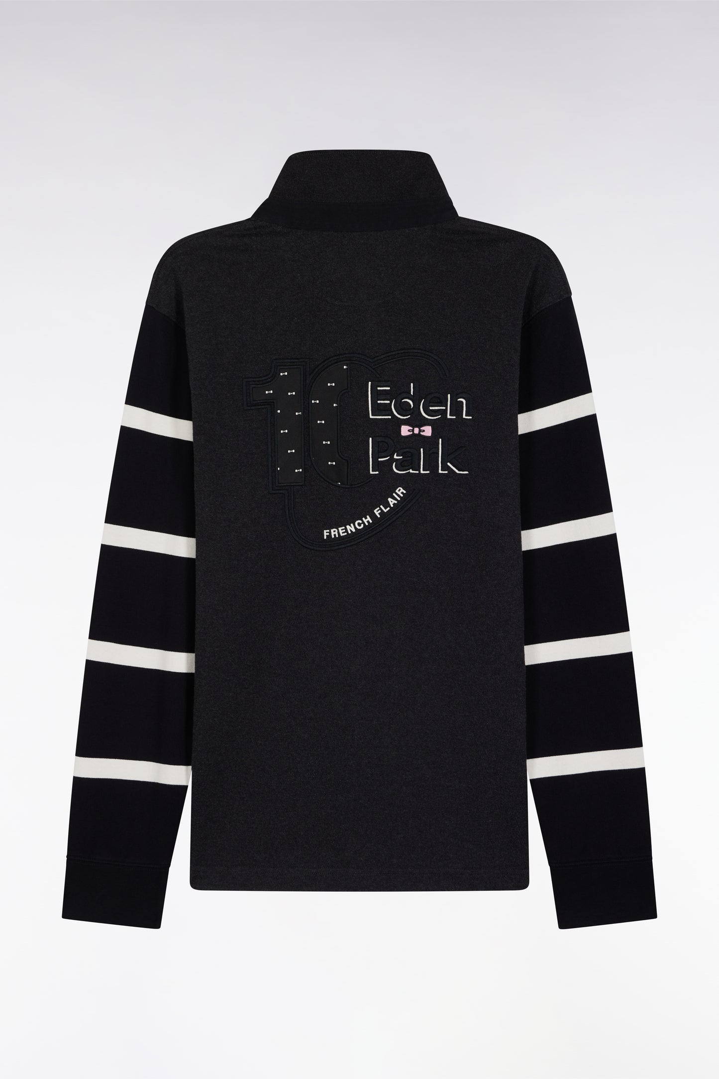 Long-sleeved jersey in thick grey jersey with striped sleeves, straight cut