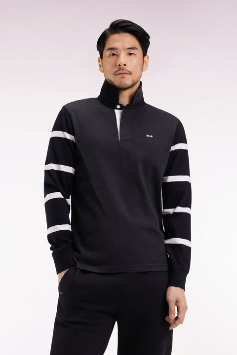 Long-sleeved jersey in thick grey jersey with striped sleeves, straight cut - Image 1