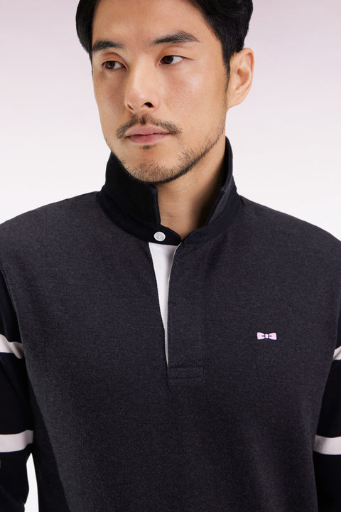 Long-sleeved jersey in thick grey jersey with striped sleeves, straight cut - Image 2
