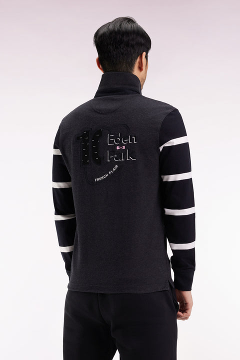Long-sleeved jersey in thick grey jersey with striped sleeves, straight cut - Image 3