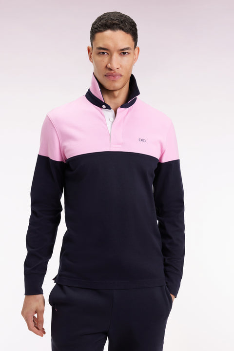 Maillot à manches longues en jersey bicolore marine et rose coupe droite - Image 1