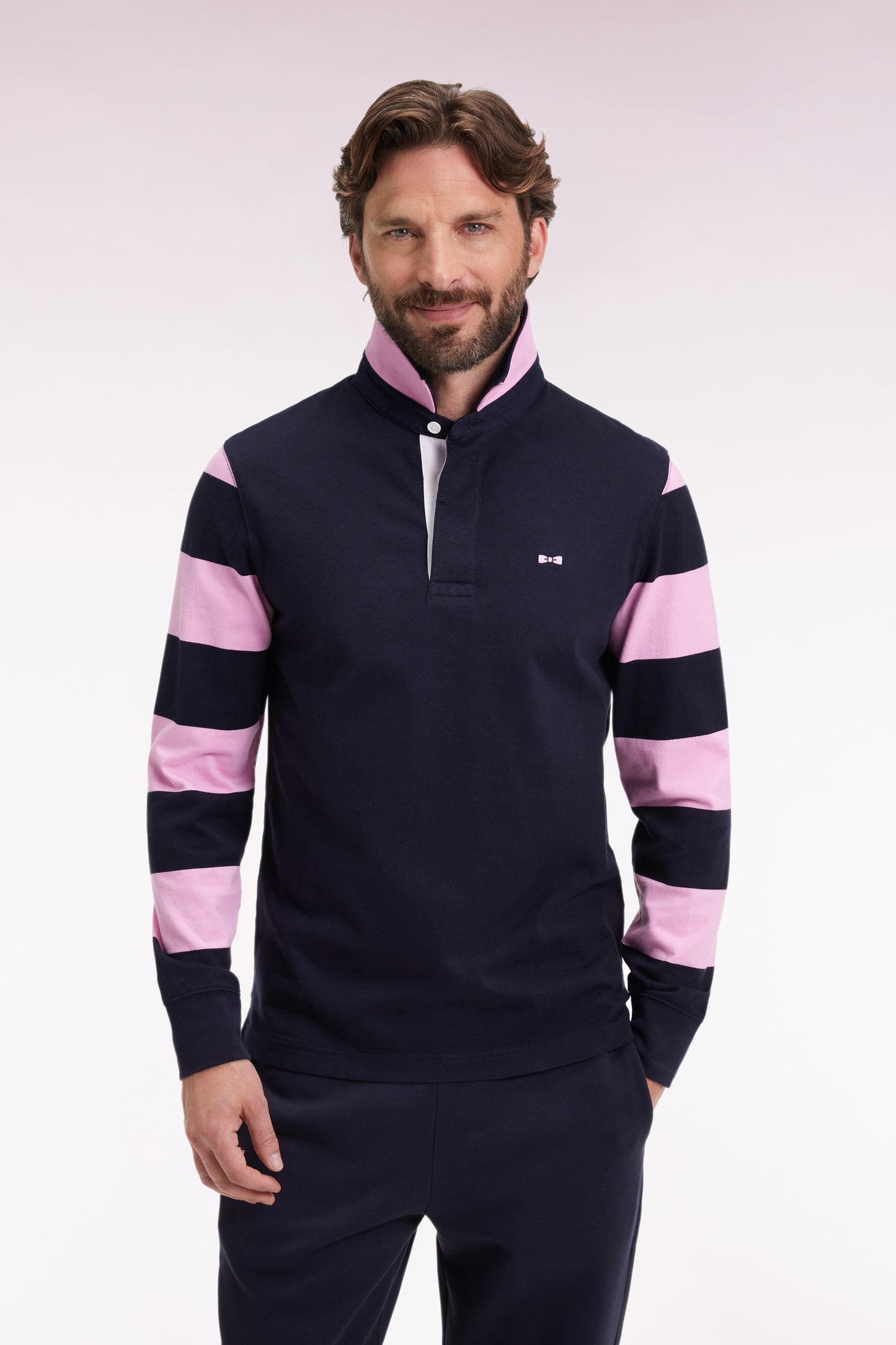 Striped navy fleece long-sleeved jersey, straight cut