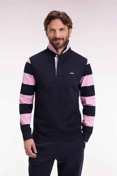 Striped navy fleece long-sleeved jersey, straight cut - Image 1