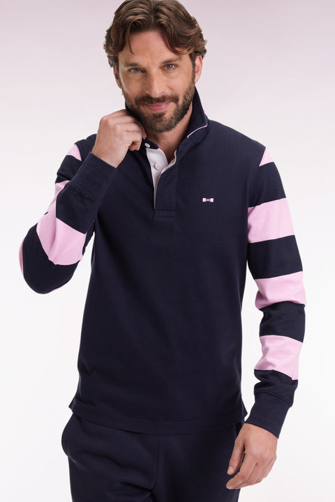Striped navy fleece long-sleeved jersey, straight cut - Image 3