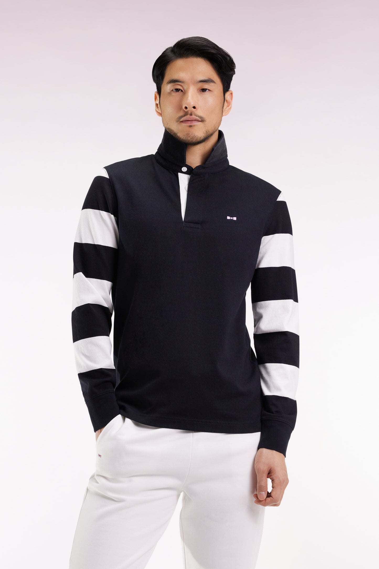 Long-sleeved striped jersey in black fleece, straight cut