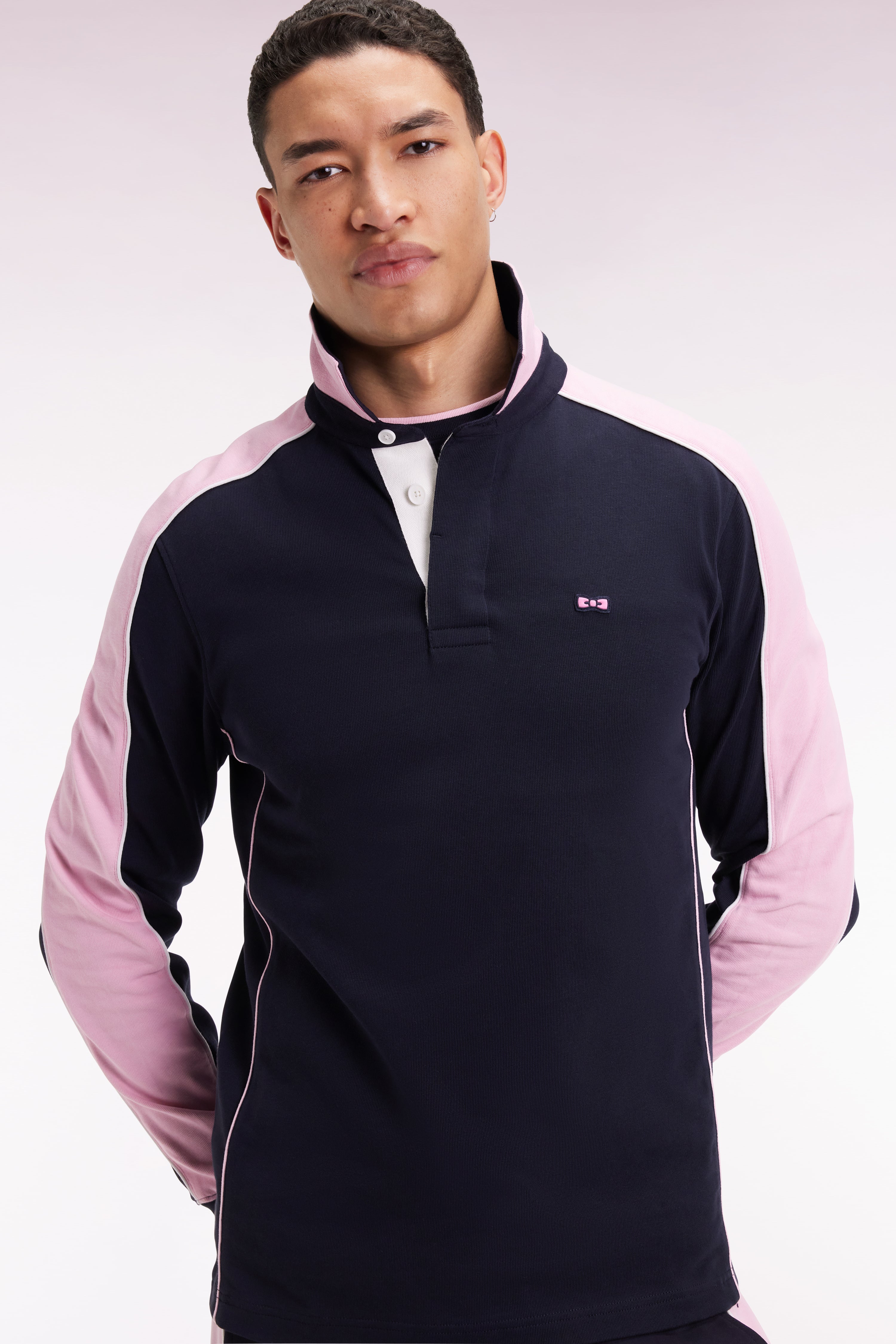 Zipped cardigan in navy cotton with pink stripes, straight cut