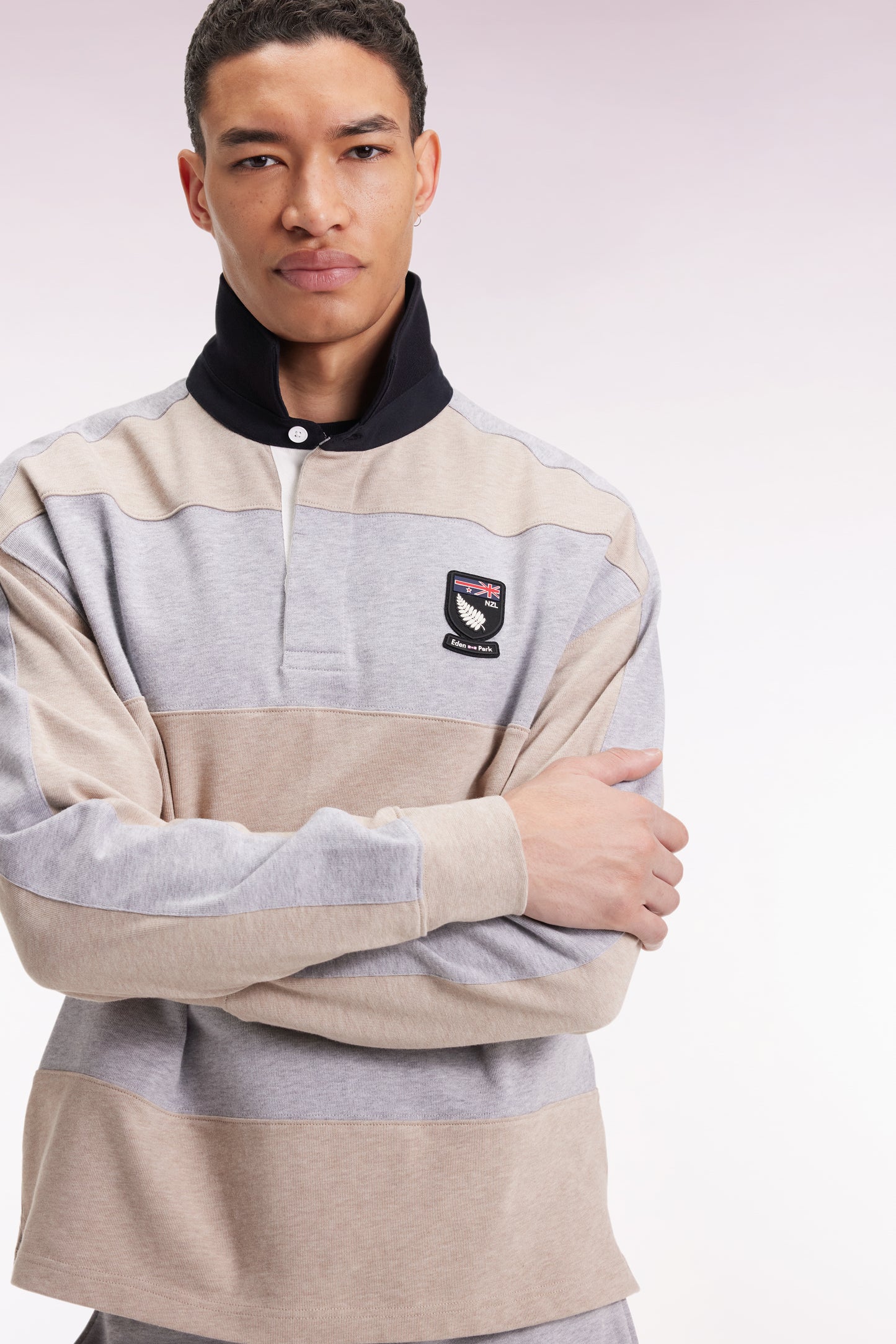 Long-sleeved striped New Zealand jersey in thick beige cotton jersey