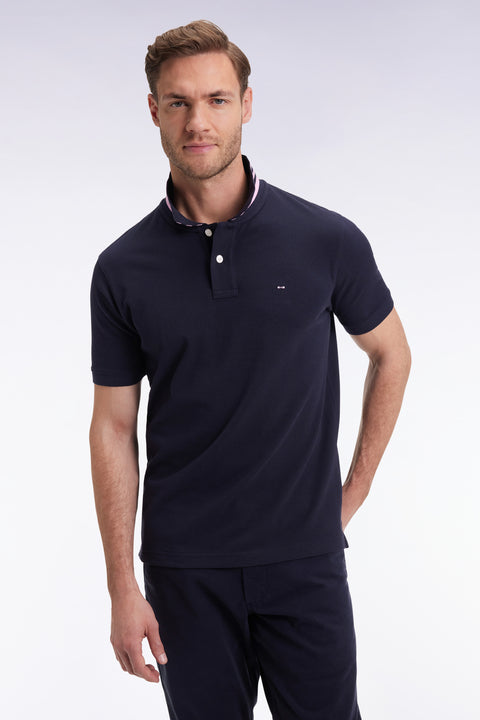 Polo manches courtes en coton Pima marine sous-col rayé coupe droite - Image 1