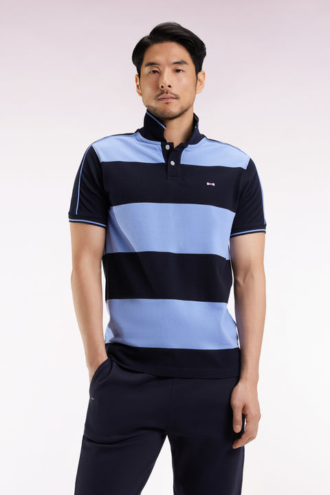 Polo cerclé en piqué coton à manches courtes en coton bleu - Image 1