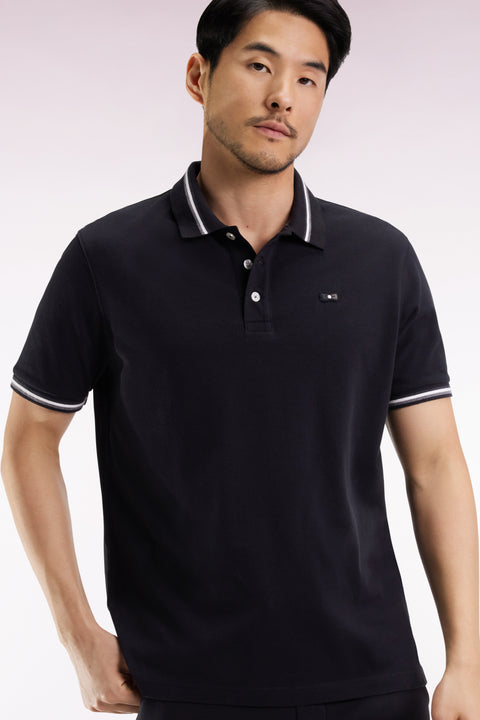 Polo manches courtes en coton noir détails rayés coupe ample - Image 3