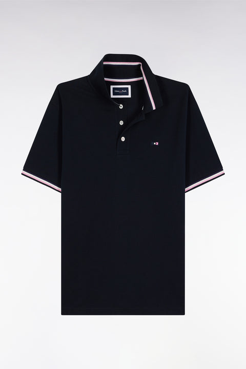 Polo manches courtes en coton marine détails rayés coupe ample - Image 2