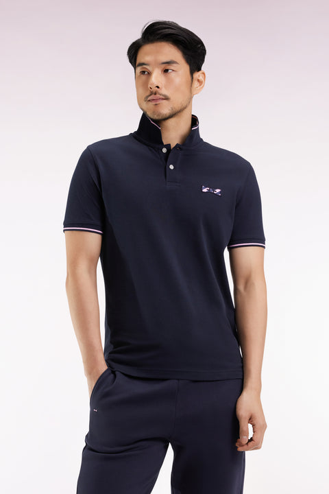 Polo à manches courtes en coton marine broderie cerclée - Image 1