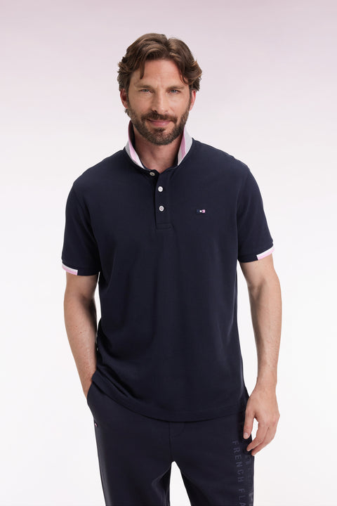 Polo manches courtes en coton marine détails tricolores coupe ample - Image 1