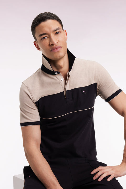 Polo bicolore manches courtes en piqué coton stretch noir coupe slim - Image 3