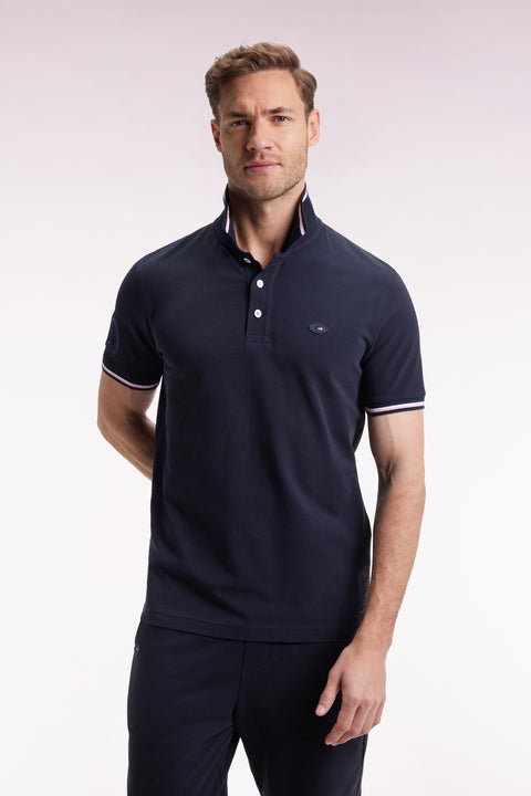 Polo manches courtes marine finitions tricolores coupe droite - Image 1