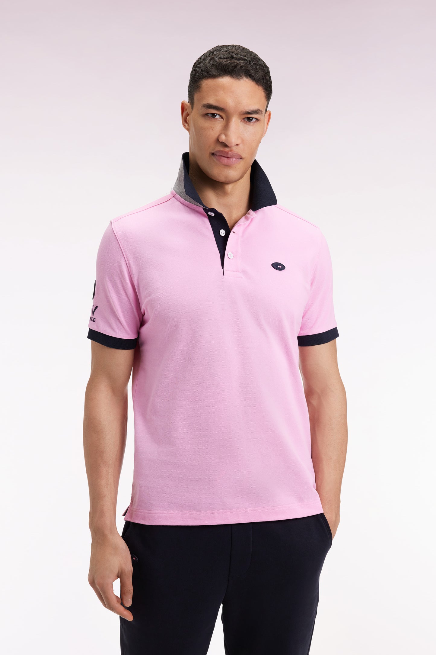 XV de France short-sleeved pink cotton polo shirt, straight cut