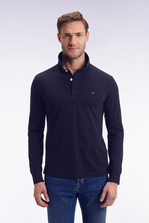 Polo à manches longues en coton stretch marine coupe slim - Image 1