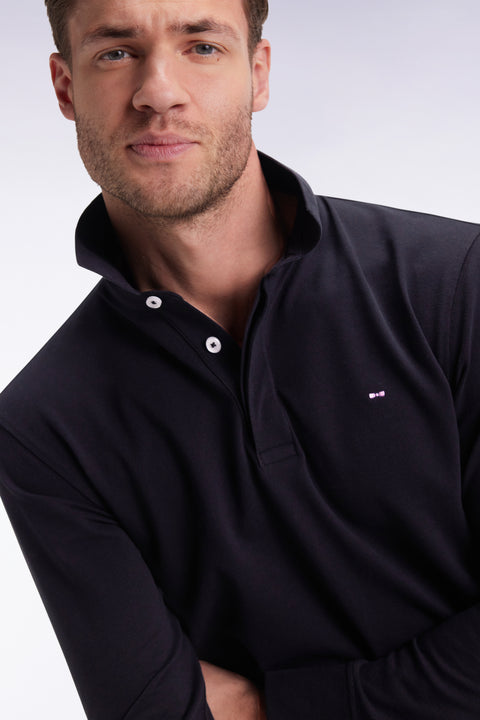 Polo à manches longues en coton stretch noir coupe slim - Image 3